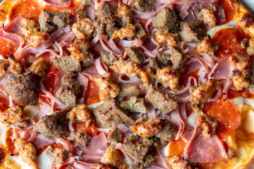 Detail shot of Meat Lovers Pizza with salami, ham and beef.