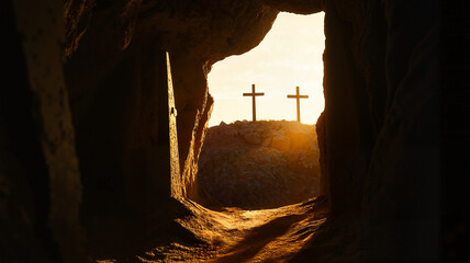 Obraz premium Scenic view of three crosses at sunset from a stone opening, resurrection of jesus christ, easter, catholicism