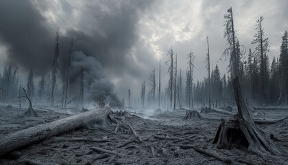Forest devastated by wildfire showcasing charred trees and smoky atmosphere during a hazy day
