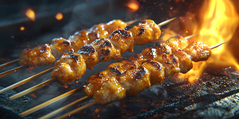 Savory Grilled Chicken Skewers: Delicious Barbecue Flavors with Crispy Char and Gourmet Marinade for Outdoor Parties - A Taste of Asian Cuisine with Juicy, Tender Ingredients