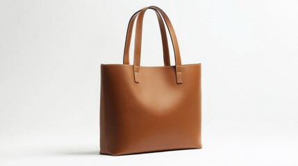 Elegant brown leather tote bag with double handles on white background