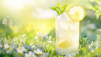 Refreshing beverage with lemon and mint in a sunlit garden under a vibrant sky