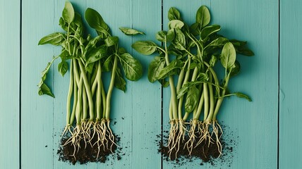 Fresh spinach with roots on turquoise wooden surface