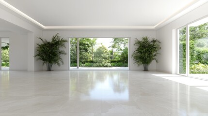 Fototapeta premium Luxurious empty room, tropical garden view, sunlight, modern interior design, real estate