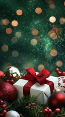 festive christmas gift box with ornaments and decorations