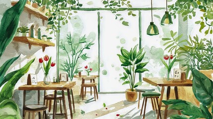 Fototapeta premium Watercolor Art of an Eco-Friendly Cafe with Minimalist Design. Concept of Sustainable Living, Green Interior Spaces