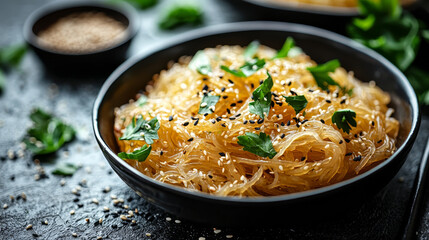 Bowl of translucent noodles garnished with fresh parsley and black and white sesame seeds.