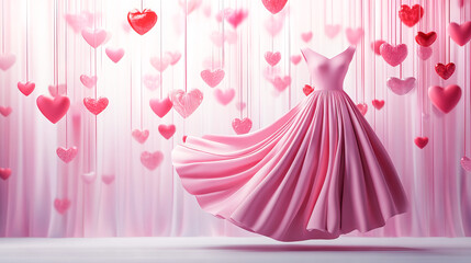 Fototapeta premium Elegant Pink Evening Gown with Flowing Skirt and Heart Decorations Concept of Fashion Style Romantic Beauty