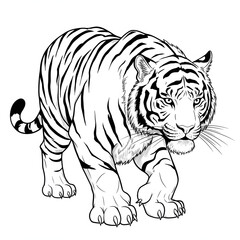 Fototapeta premium Black and White Tiger Illustration Walking Forward
