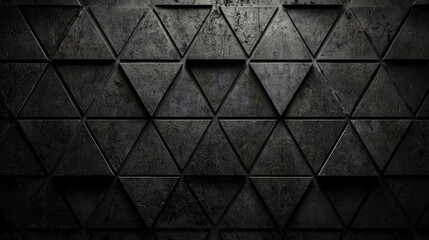 Fototapeta premium Dark, textured metal triangles arranged in a seamless pattern with subtle shadows and highlights.