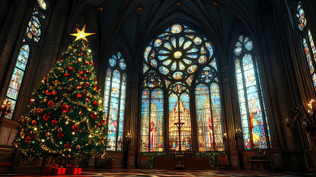 Stained glass window in notre dame cathedral, christmas tree, stained glass window in church, christmas, santa claus. Glass & Crystal Structures. Illustration