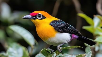 Colorful bird perched on leaves, jungle background, wildlife photography