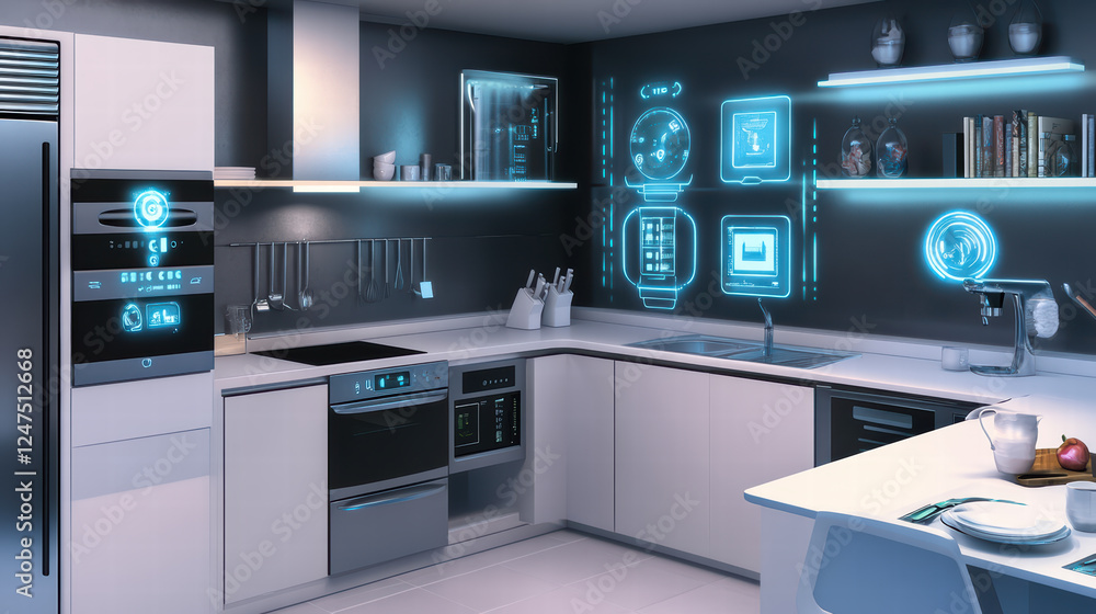 Poster contemporary kitchen showcasing advanced technology with sleek appliances and smart features. modern
