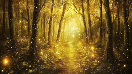 Obraz premium Enchanted Golden Forest Path at Night with Magical Glow. Concept of fantasy landscapes, mystical nature, serene beauty