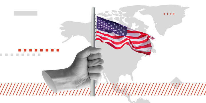 Global Power: USA. Hand gripping American flag against world map background. Ideal for business, politics, and global influence themes. Minimalist art collage - Powered by Adobe