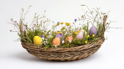 Obraz premium Festive Easter Basket with Colorful Eggs and Wildflowers on White Surface. Concept of Spring Celebration, Easter Traditions, Floral Decoration