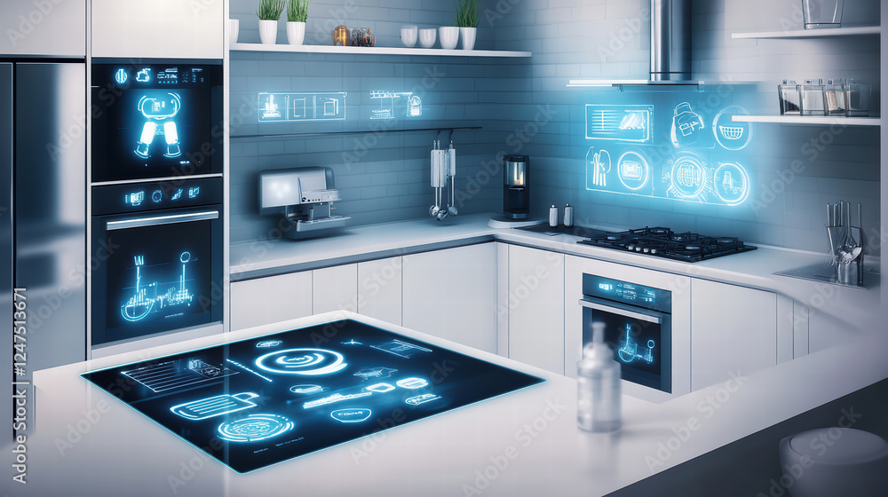 Poster high tech kitchen design featuring interconnected devices and smart technology. sleek surfaces and d