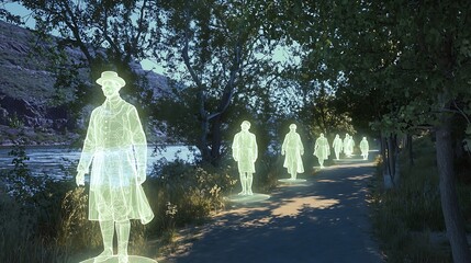 A scenic trail enhanced with overlays glowing, lifelike historical figures and dynamic events from the past.