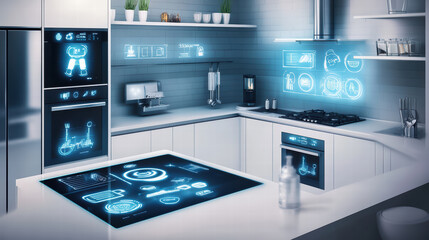 high tech kitchen design featuring interconnected devices and smart technology. sleek surfaces and digital interfaces create modern and efficient cooking environment