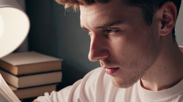 Young man deeply focused on studying, illuminated by a soft lamp glow. A stack of books beside him suggests an academic or intellectual pursuit in a quiet setting