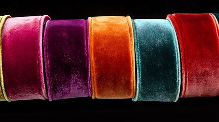 Colorful velvet ribbons arranged, close-up, dark background, crafting supplies