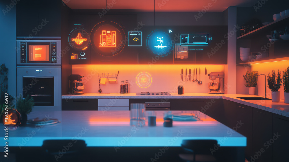 Poster modern smart kitchen with interconnected appliances and ambient lighting, showcasing futuristic desi