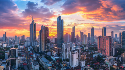 Obraz premium A dramatic cityscape showcasing modern skyscrapers under a cloudy sky in a bustling urban center.