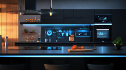 modern kitchen design featuring advanced technology, sleek cabinetry, and stylish appliances. illuminated interface adds futuristic touch to space, enhancing functionality and aesthetics