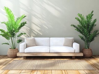 Serene Living Room Design:  Sofa, Plants, Rug Decor