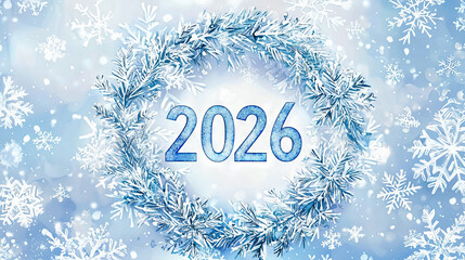 A Luminous Watercolor Wreath of 2026 with Snowflakes. Concept of Holiday Magic, Winter Celebration, Festive Art
