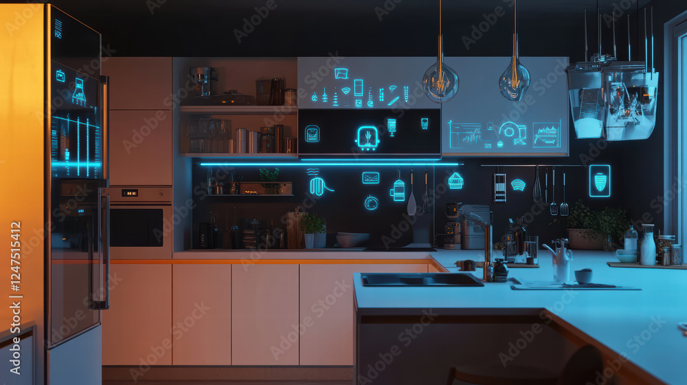 Poster modern kitchen featuring sleek cabinetry, illuminated smart appliances, and digital interfaces. styl