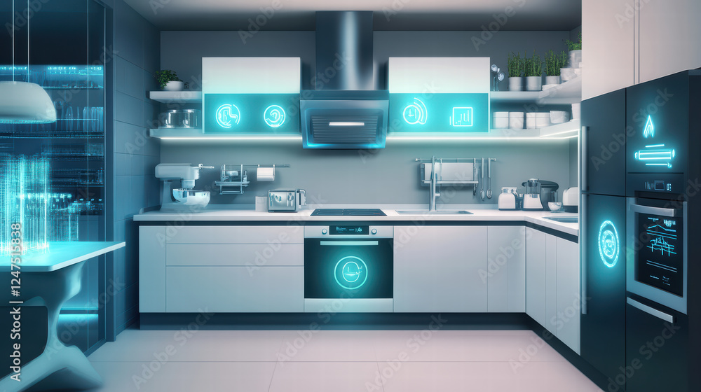 Poster modern kitchen featuring advanced technology and sleek design, illuminated with futuristic elements.