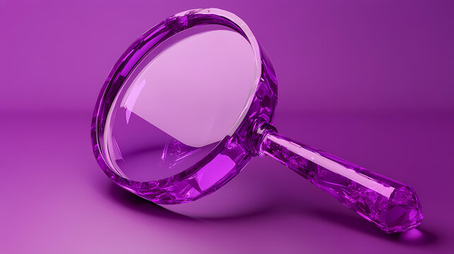 A striking purple magnifying glass tool designed for effective search and thorough investigation. Glass & Crystal Structures. Illustration
