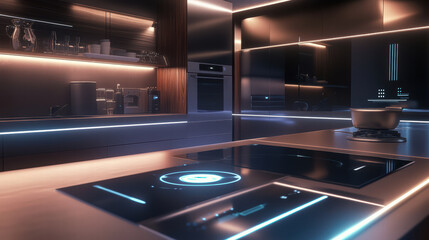 modern kitchen design featuring advanced cooking gadgets and sleek surfaces, illuminated by ambient lighting, creating sophisticated atmosphere for culinary enthusiasts