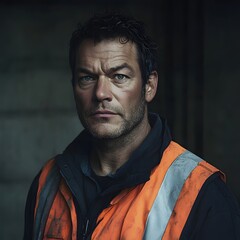 Fototapeta premium A stern-faced man with dark hair and piercing eyes is shown wearing a worn orange safety vest, gazing intently towards the viewer in a dimly lit space.