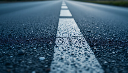 The asphalt road background is textured and detailed with small visible gravel and slight imperfections such as small cracks and faded road markings.