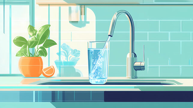 Filling a glass with clean drinking water from kitchen faucet, tap water, kitchen, glass, water, clean, safe, healthy. Glass & Crystal Structures. Illustration