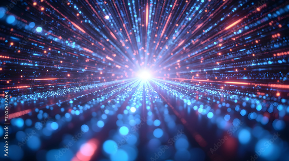 Aufkleber abstract data stream tunnel: futuristic digital technology background with blue and red light streak