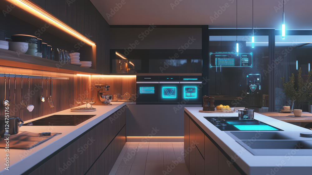 Aufkleber modern kitchen design featuring smart devices and glowing digital interfaces, creating sleek and fut