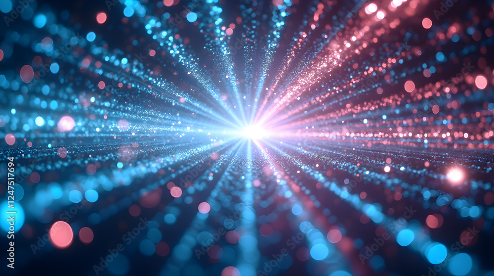 Aufkleber abstract light burst: blue and red bokeh particles exploding from a central point, futuristic techno