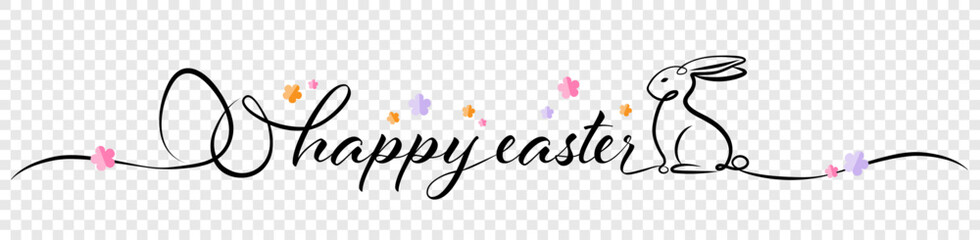 Happy easter calligraphy banner with easter bunny and easter eggs isolated on transparent background