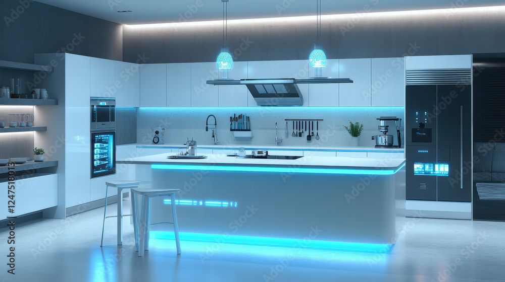 Poster modern kitchen layout showcasing advanced technology and sleek design, featuring illuminated counter