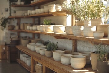 Cozy kitchen shelves filled with rustic dishes