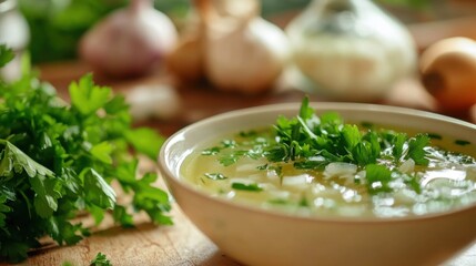 fresh parsley garnish on homemade chicken broth soup