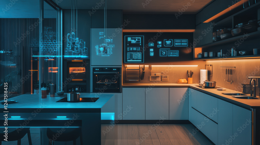 Aufkleber sleek and stylish kitchen filled with smart technology, featuring modern appliances and illuminated 