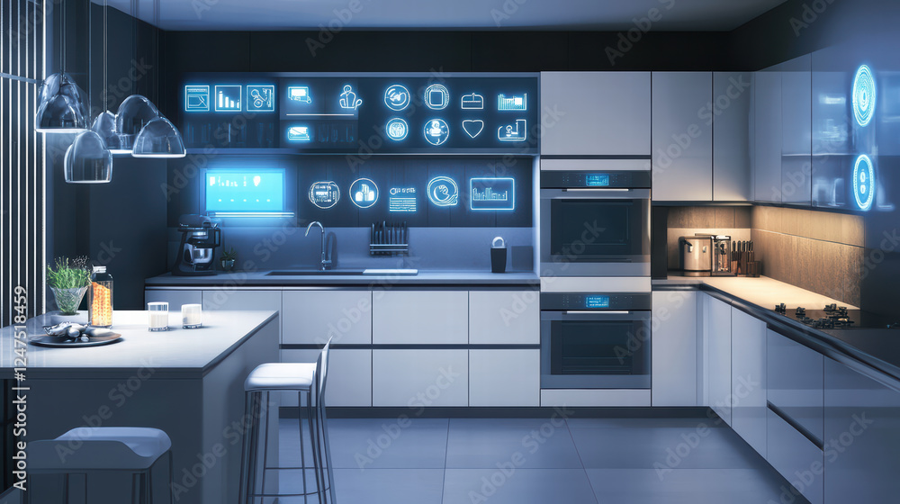 Aufkleber sleek and stylish kitchen filled with smart technology, featuring modern appliances and interactive 