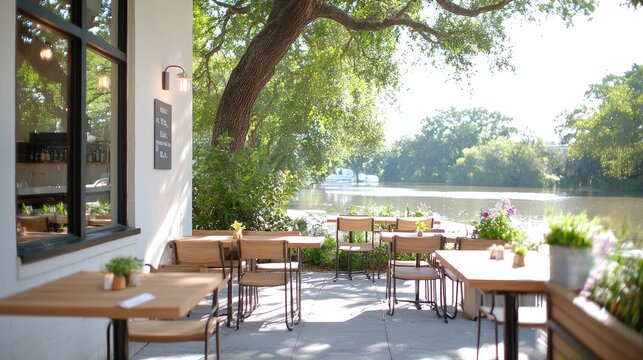 Riverfront cafe patio, sunny day, outdoor seating