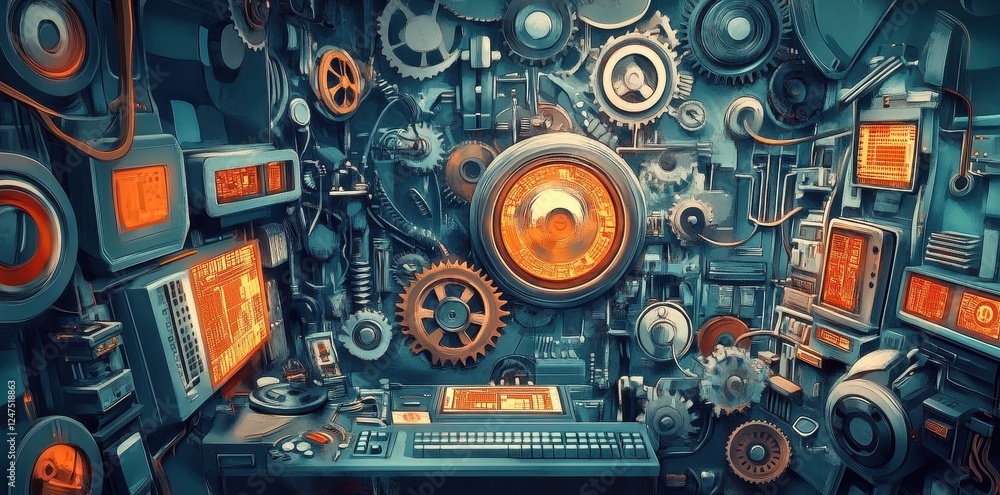 Poster an intricate machine interface with gears and digital displays