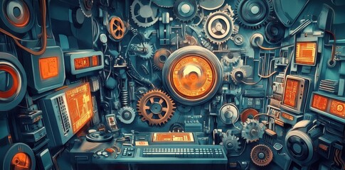 Fototapeta premium An intricate machine interface with gears and digital displays