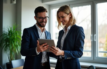 Business people collaborate in office. Businessman, businesswoman look at tablet discussing investment project strategy. Together in corporate environment. Professional business partners planning for